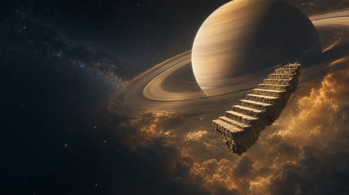 Saturno sobre una escalera cósmica para el informe Mecanismo de Saturno